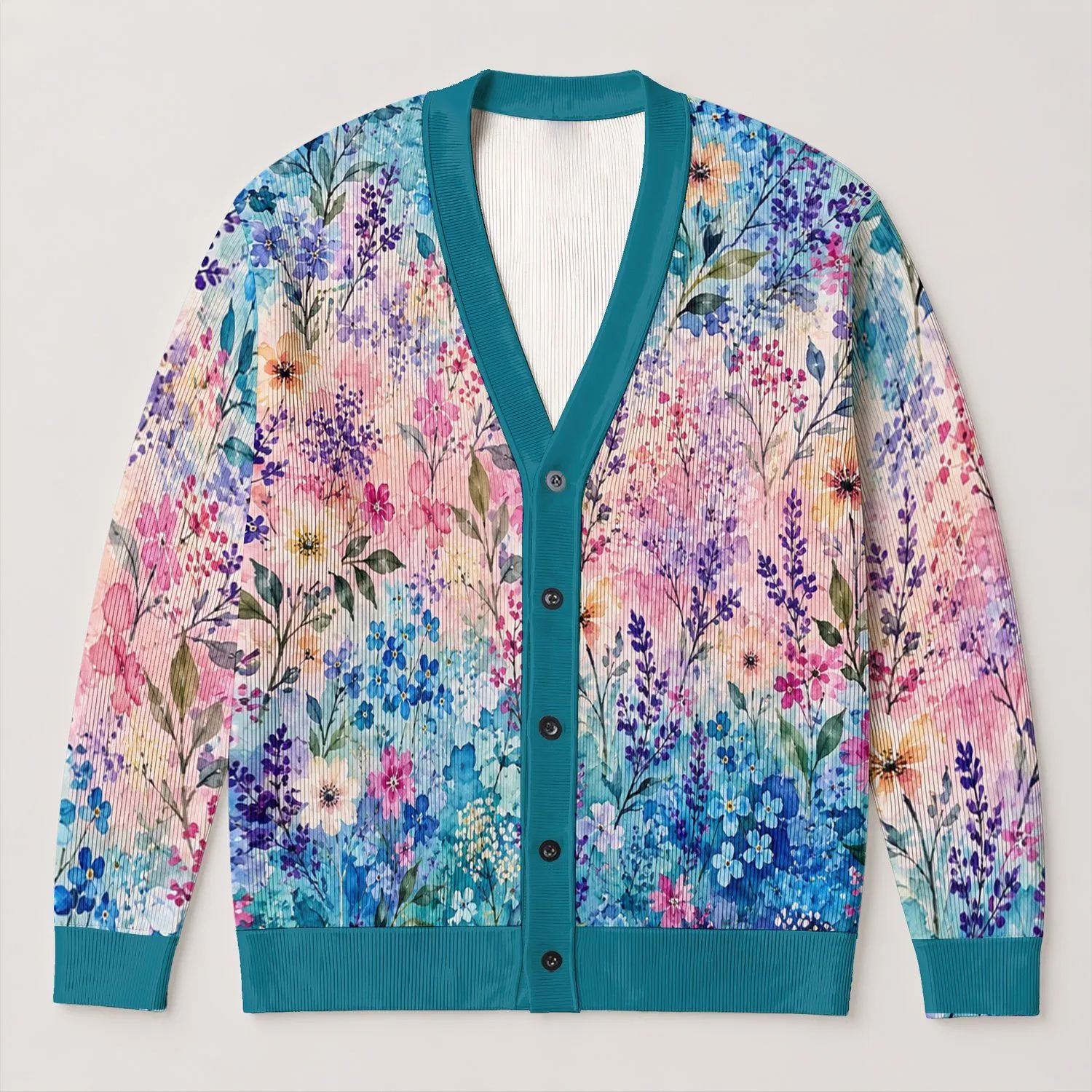 Turquoise Floral Watercolor Blooms for Relaxed Weekend Layering and Bohemian Style All-over Print Knitted Cardigan - 1
