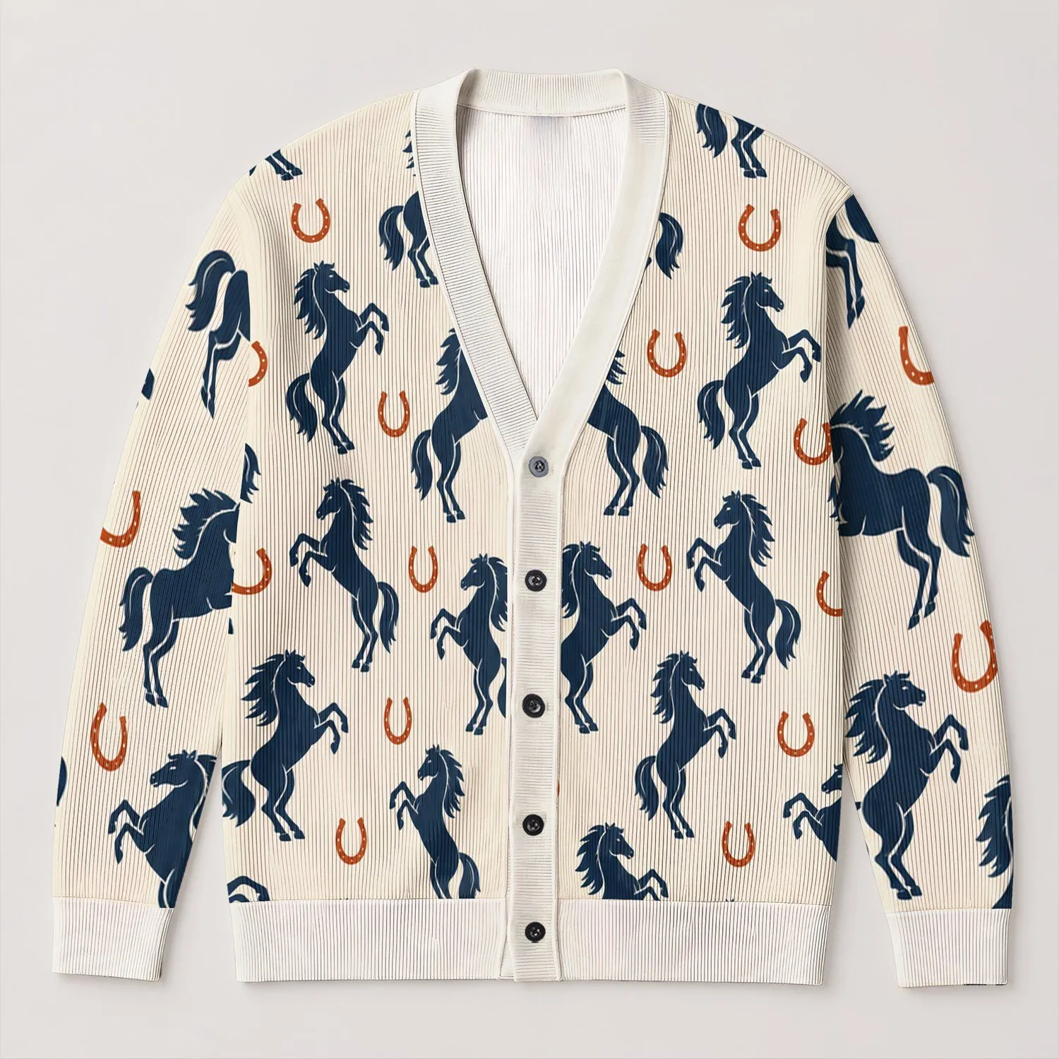 Navy Horse And Horseshoe Motif For Casual Western Equestrian Weekend Country Style All-over Print Knitted Cardigan - 1