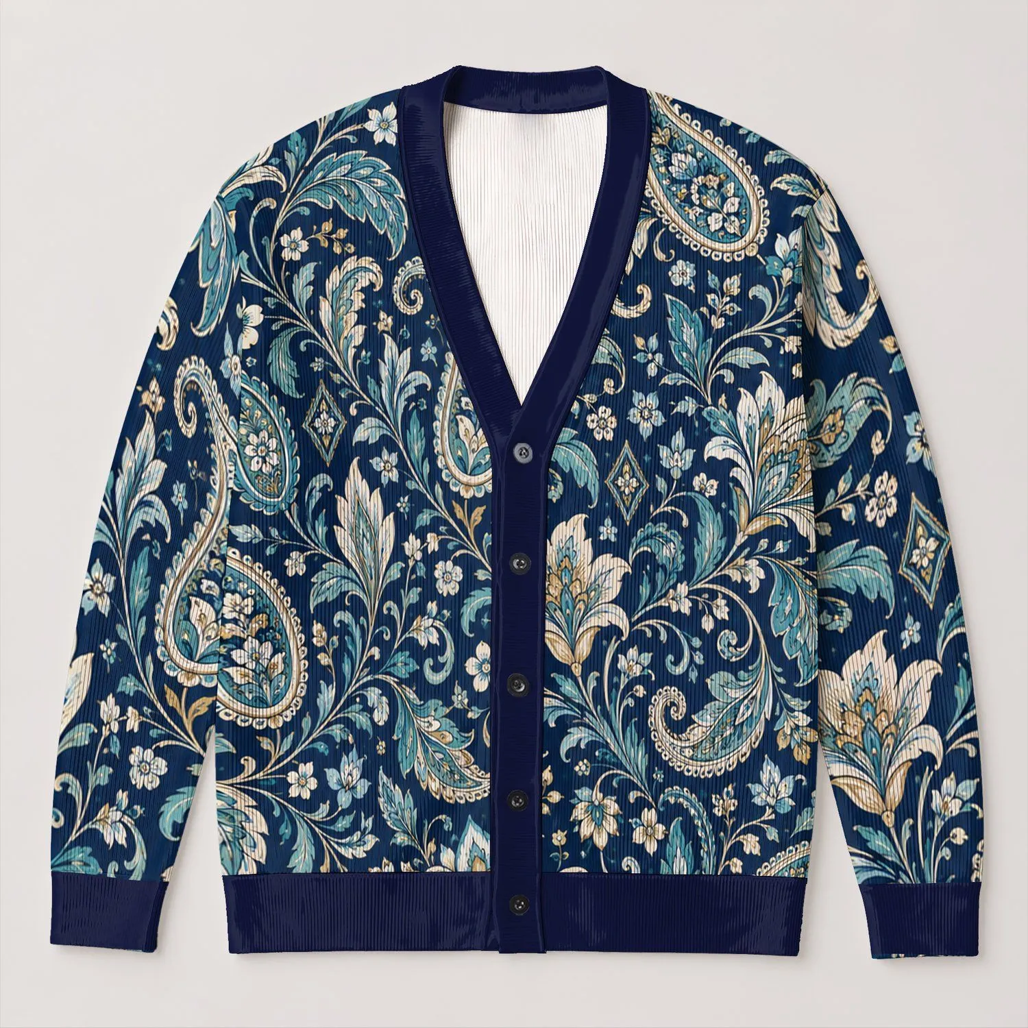 Navy Paisley Floral Boho Style For Everyday Office Travel And Seasonal Layering Wear All-over Print Knitted Cardigan - 1