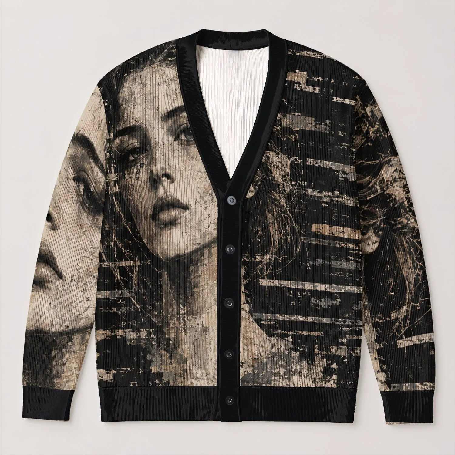 Abstract Face Motif for Everyday Streetwear Layering and Modern Men’s Style All-over Print Knitted Cardigan - 1