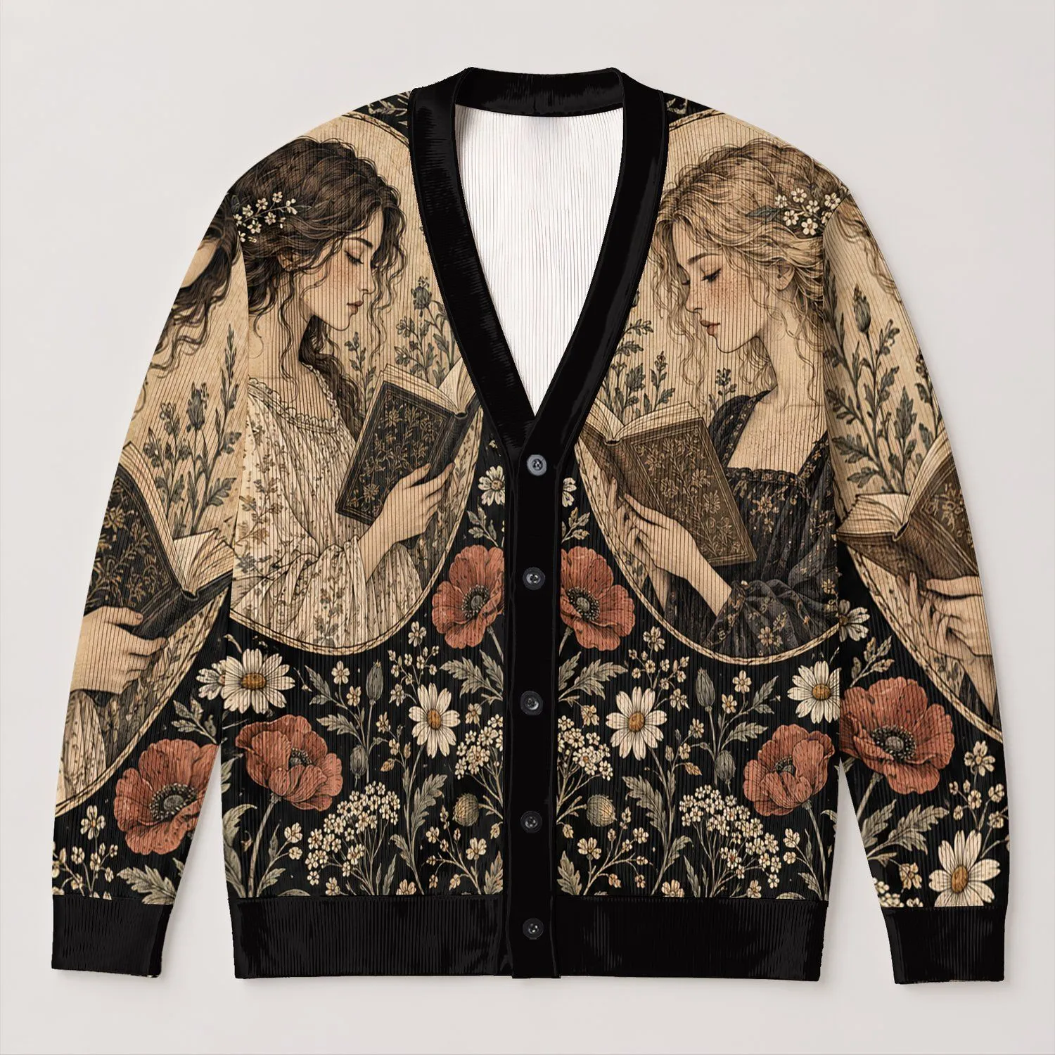 Vintage Botanical Readers and Wildflowers for Relaxed Everyday Layering Wear All-over Print Knitted Cardigan - 1