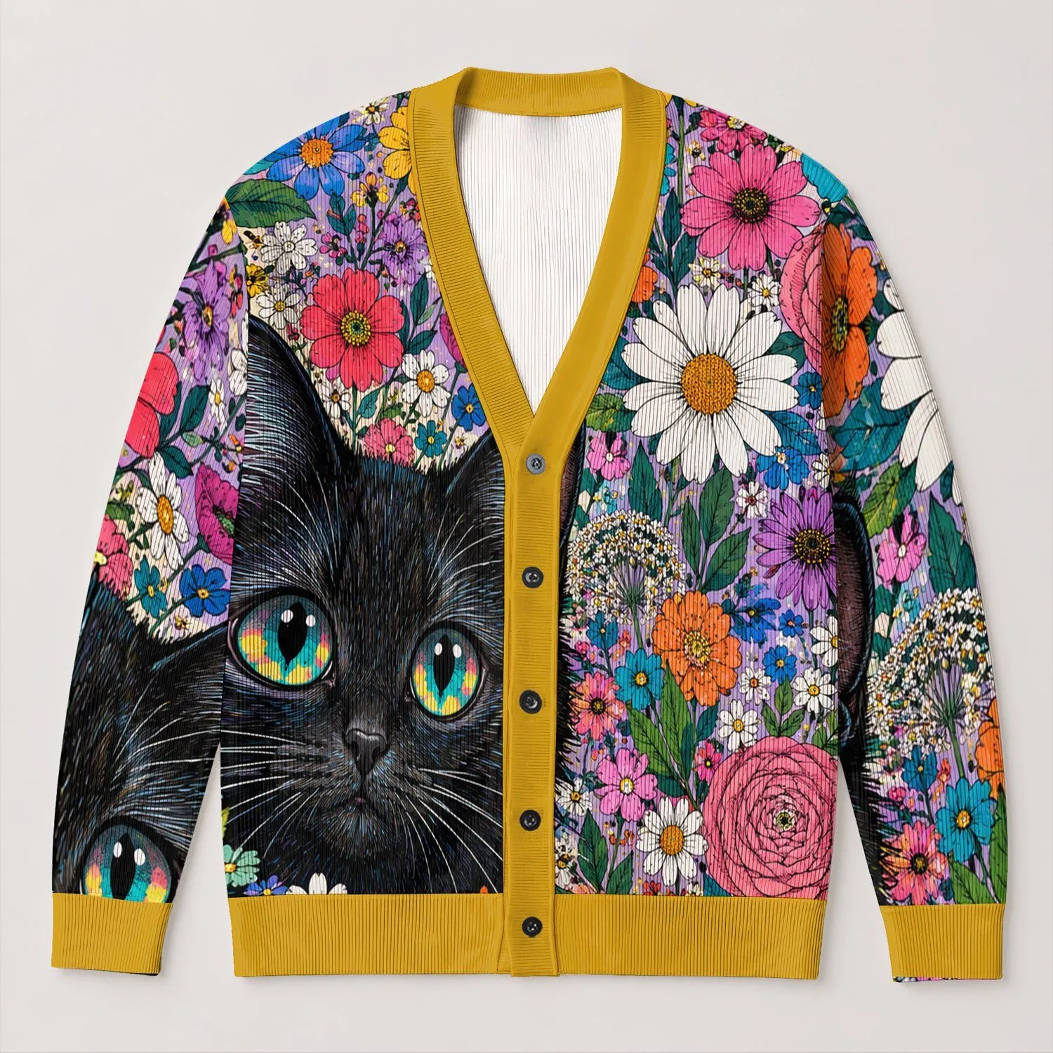Black Cat Floral Bloom Eye Motif for Colorful Everyday Layering and Relaxed Casual Style All-over Print Knitted Cardigan - 1