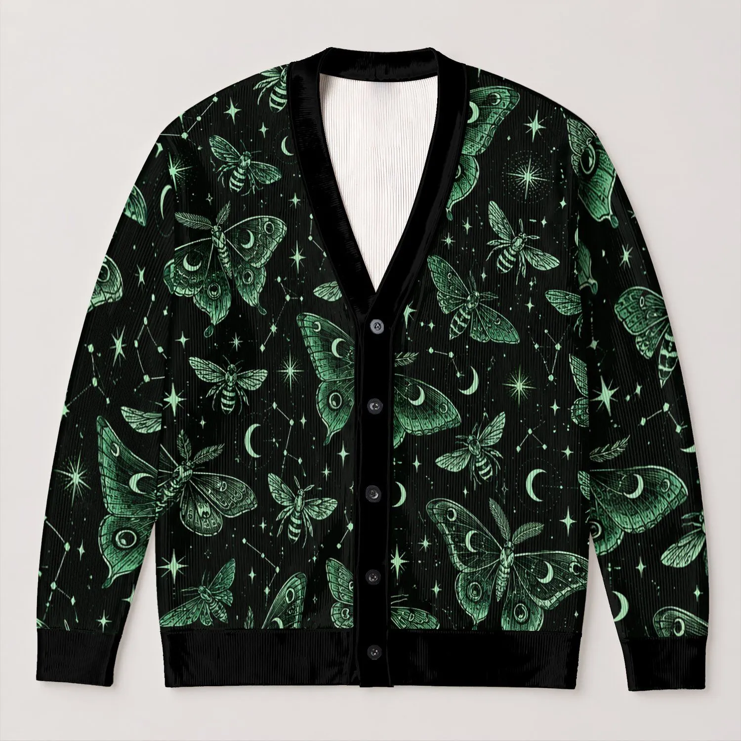 Emerald Moth Constellations for Nighttime Layering and Casual Streetwear Style for Men All-over Print Knitted Cardigan - 1