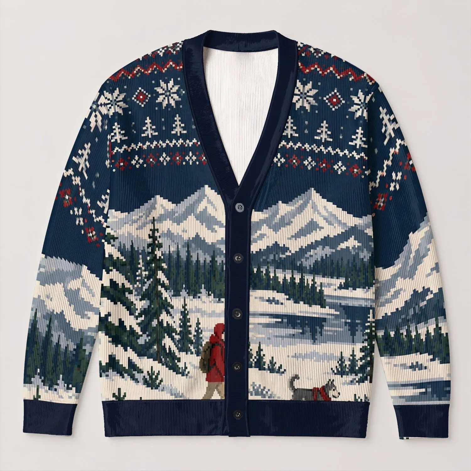 Snowy Red-Coat Walker and Dog Winter Scene for Cozy Casual Holiday Layering Outdoors All-over Print Knitted Cardigan - 1