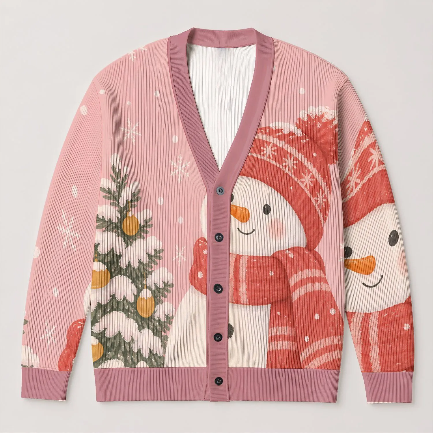 Blush Snowman Winter Scene For Cozy Holiday Layering And Festive Weekend City Strolls All-over Print Knitted Cardigan - 1