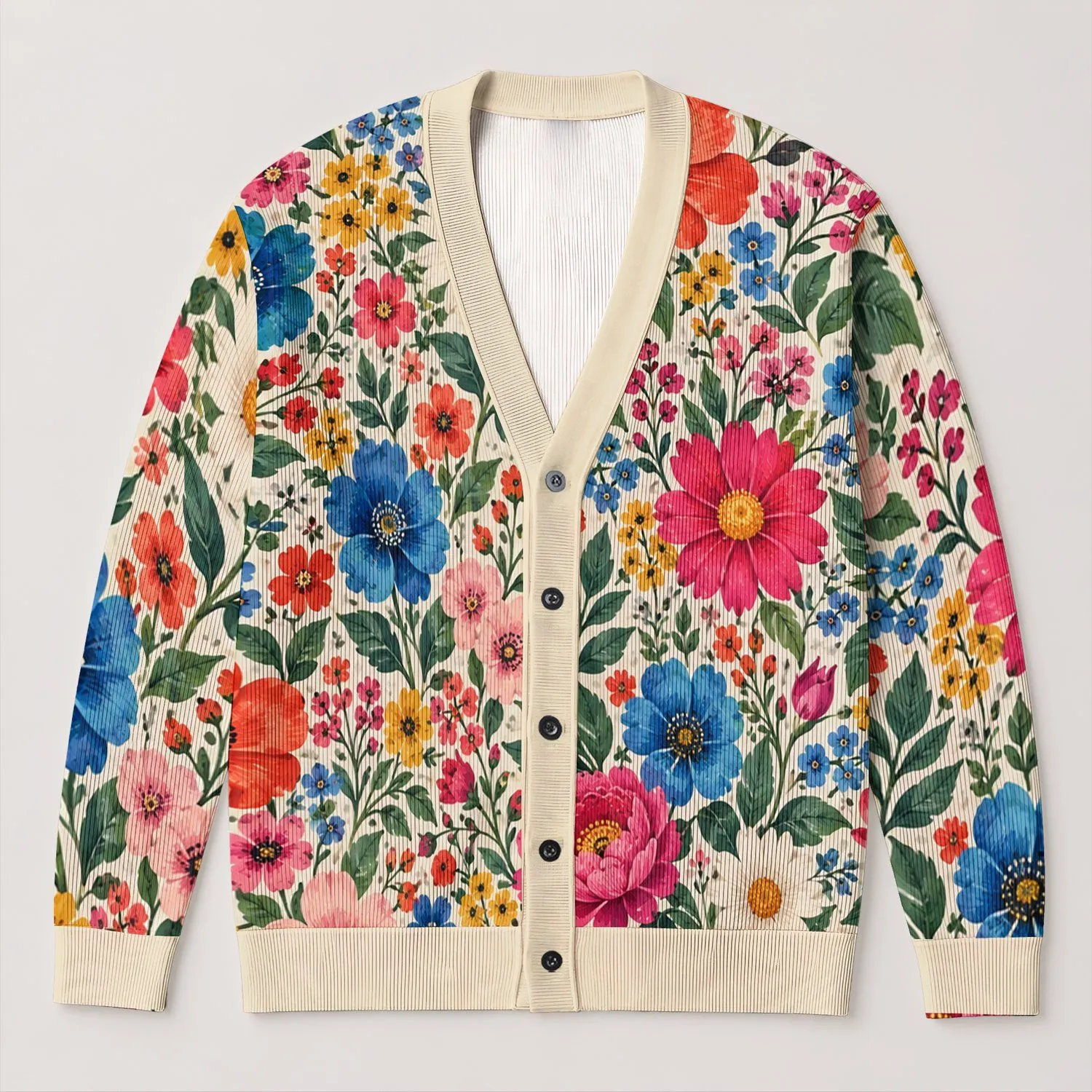 Colorful Floral Garden Blooms for Relaxed Everyday Layering and Weekend Outings All-over Print Knitted Cardigan - 1