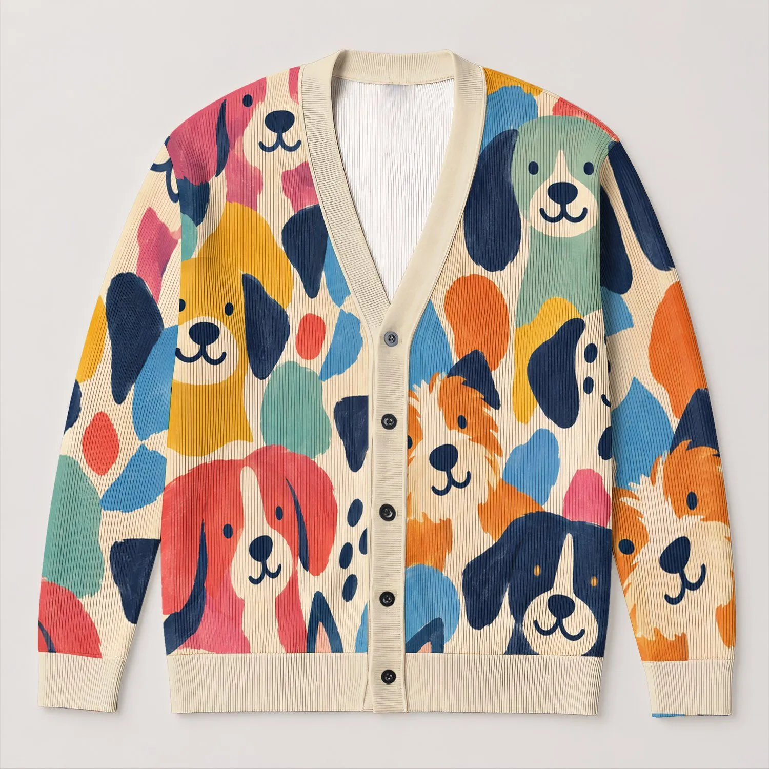 Colorful Abstract Dog Faces for Casual Everyday Layering Women Animal Lover All-over Print Knitted Cardigan - 1