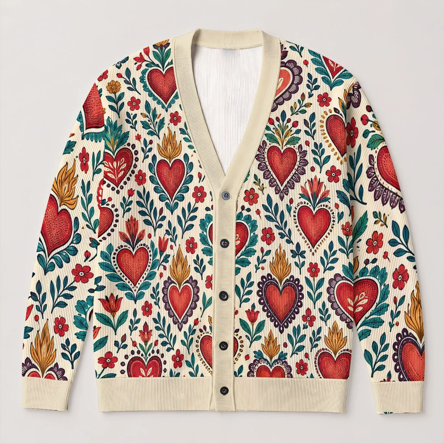 Folk Heart Motif With Floral Accents For Romantic Everyday Layering And Boho Style All-over Print Knitted Cardigan - 1