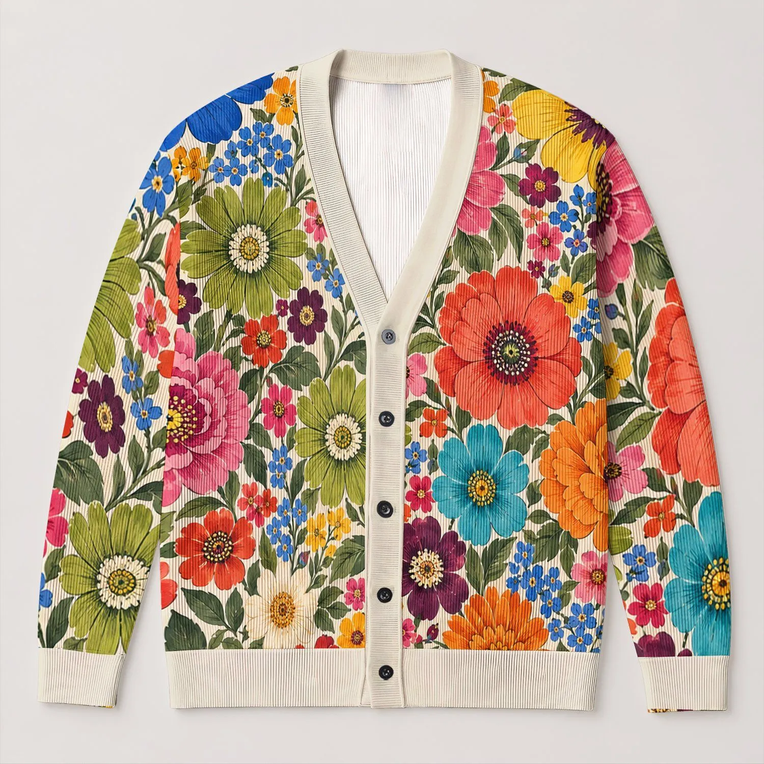 Colorful Vintage Floral Garden Motifs for Relaxed Everyday Layering and Weekend Style All-over Print Knitted Cardigan - 1