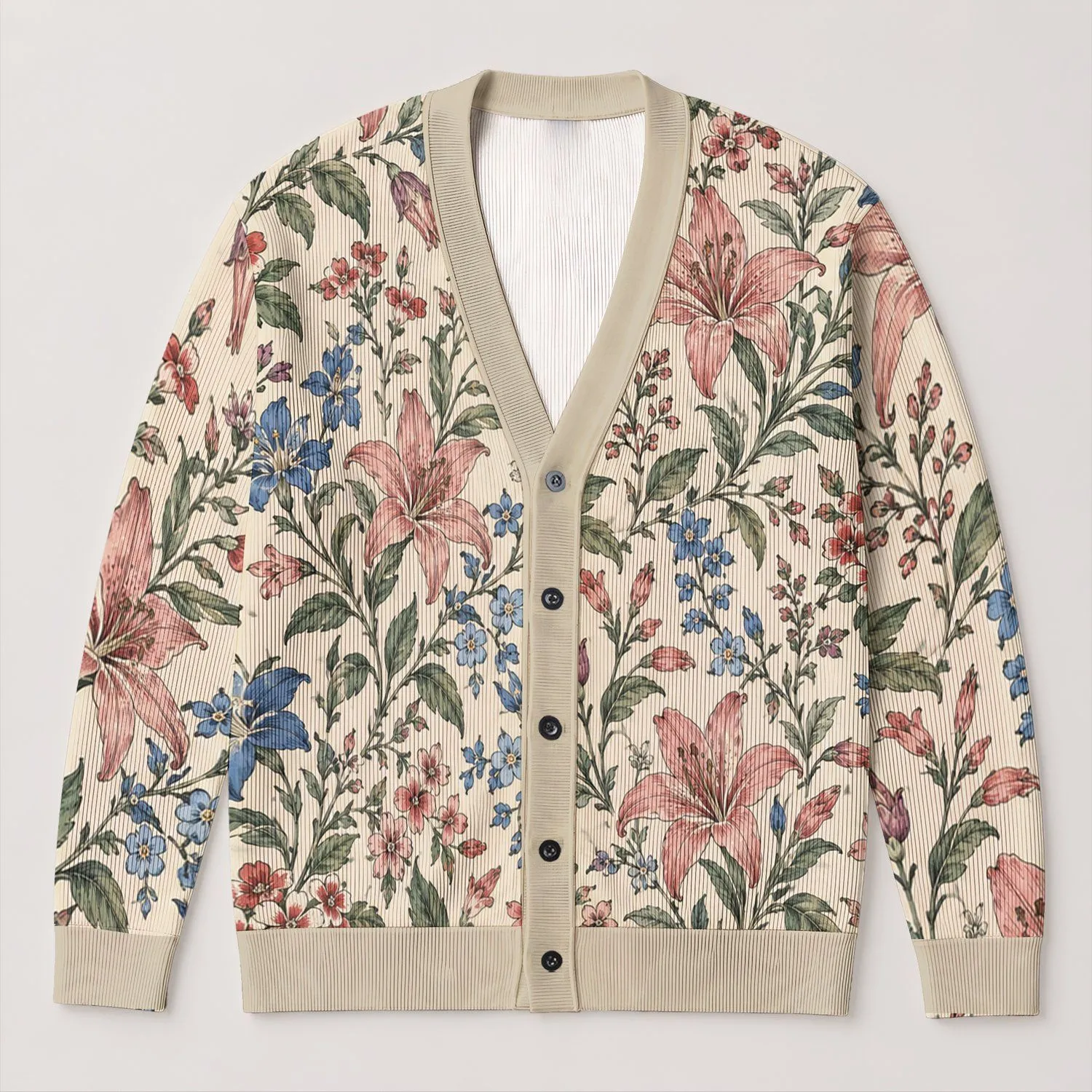 Colorful Botanical Florals for Autumn Layering and Everyday Style, Women’s Garden Charm All-over Print Knitted Cardigan - 1