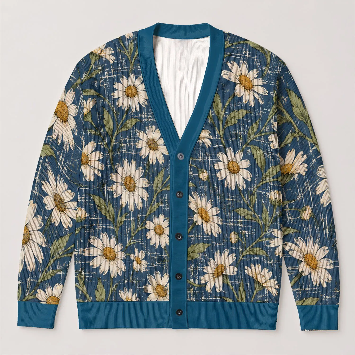Cream Daisy And Olive Vine Floral Blue Casual Layering Style For Women, Autumn Everyday All-over Print Knitted Cardigan - 1