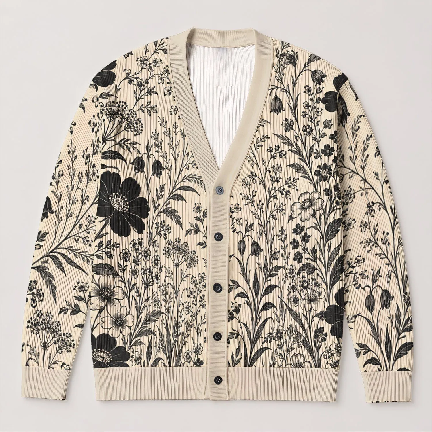 Black Botanical Meadow Florals for Relaxed Autumn Layering and Everyday Women’s Style All-over Print Knitted Cardigan - 1