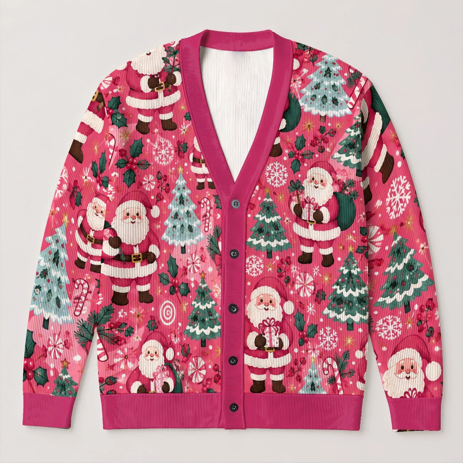 Pink Santa Claus Christmas Holiday Style for Festive Winter Layering and Gift Giving All-over Print Knitted Cardigan - 1