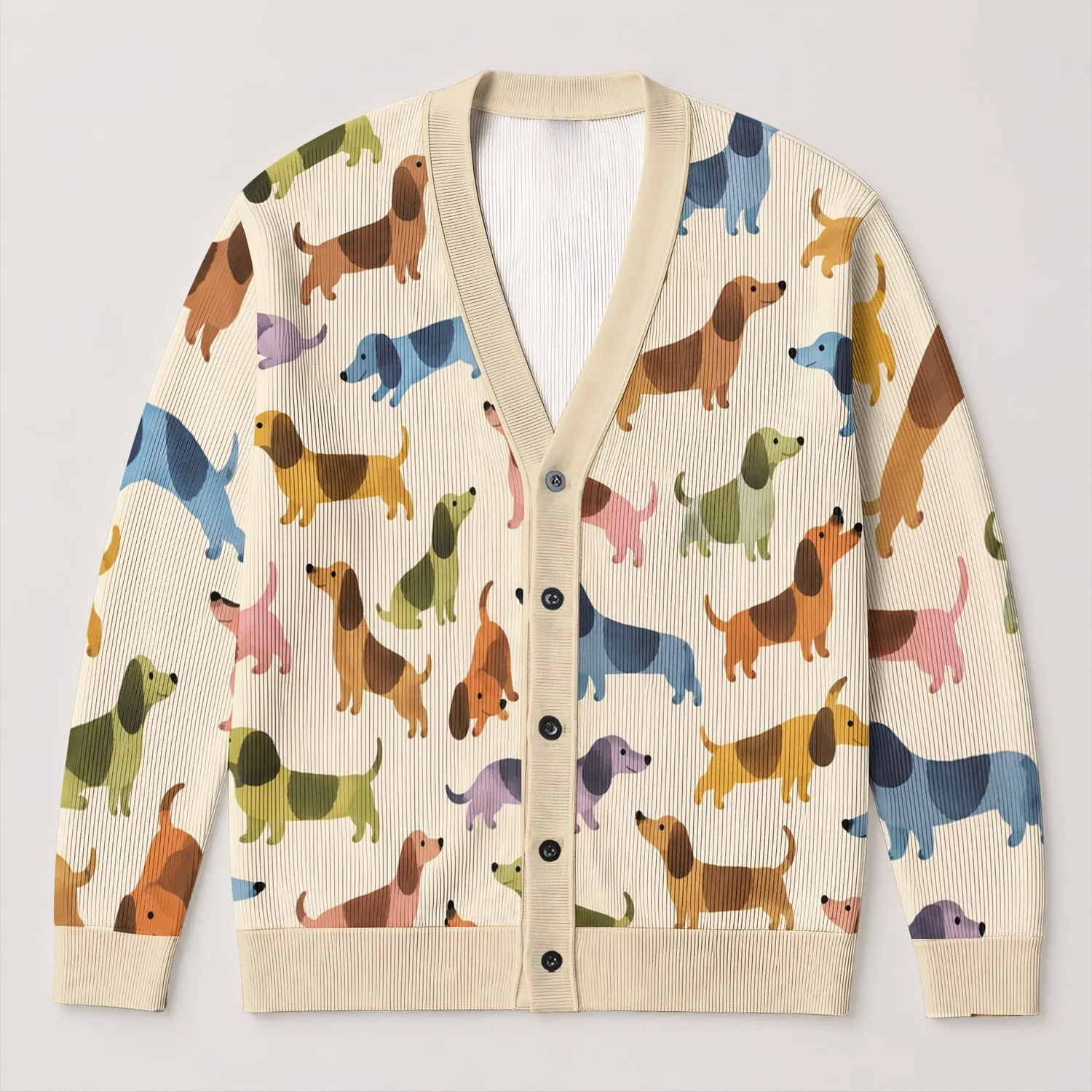 Colorful Dachshund Dogs for Cozy Autumn Walks and Everyday Layering, Women's Gift All-over Print Knitted Cardigan - 1