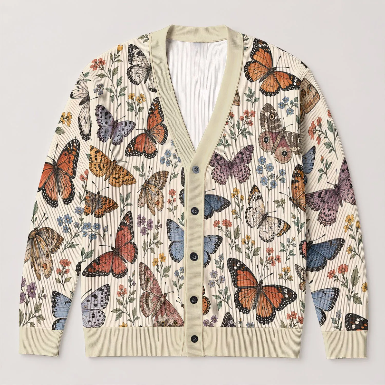 Vintage Butterfly Meadow Motifs for Relaxed Spring and Autumn Layering Women Nature Lover All-over Print Knitted Cardigan - 1