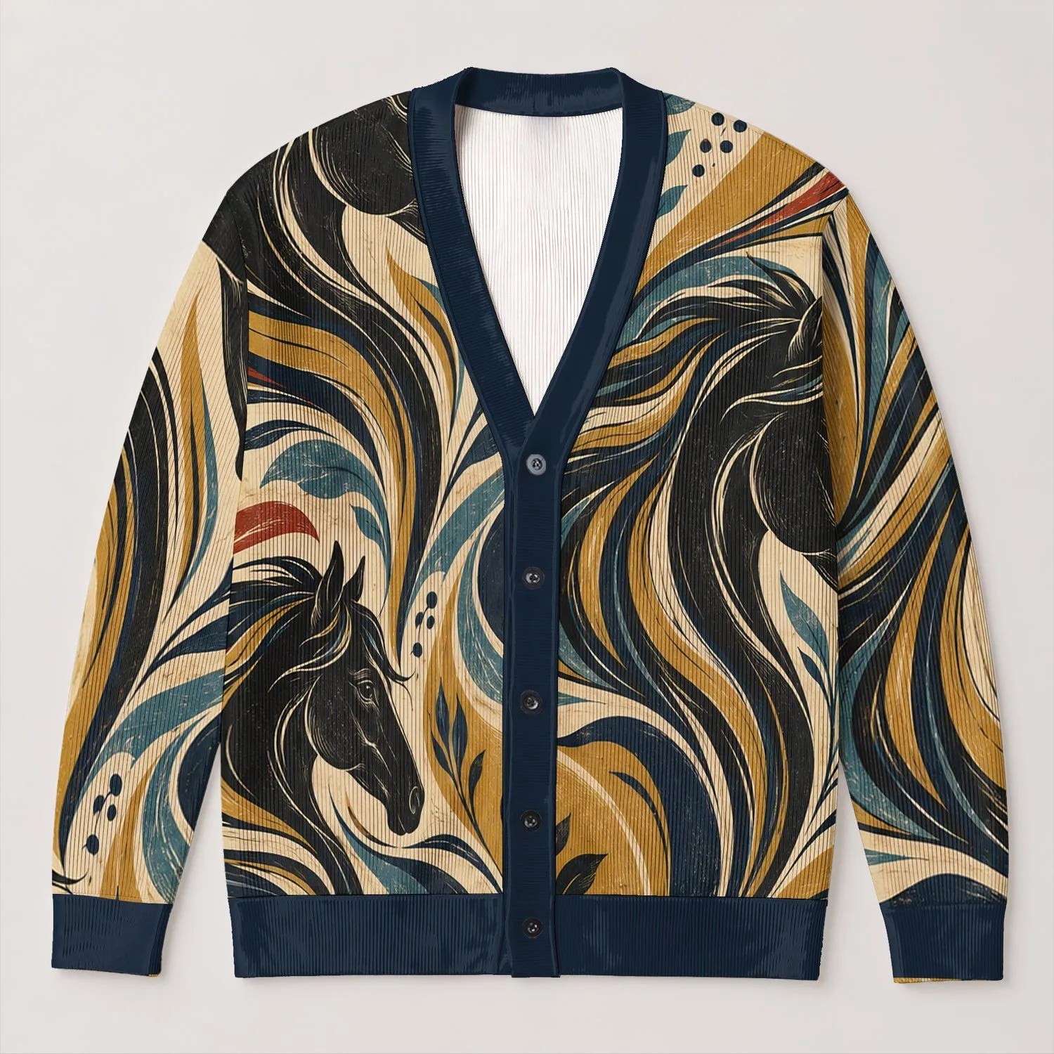 Abstract Black Horse Silhouettes for Casual Layering and Everyday Weekend Style for Women All-over Print Knitted Cardigan - 1