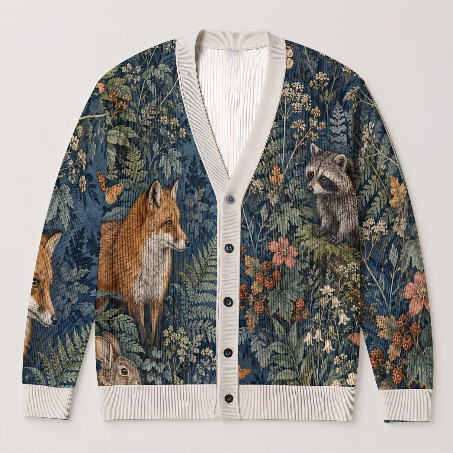 Woodland Fox Rabbit And Raccoon Nature Scene For Cozy Everyday Forest Layering Style All-over Print Knitted Cardigan - 1