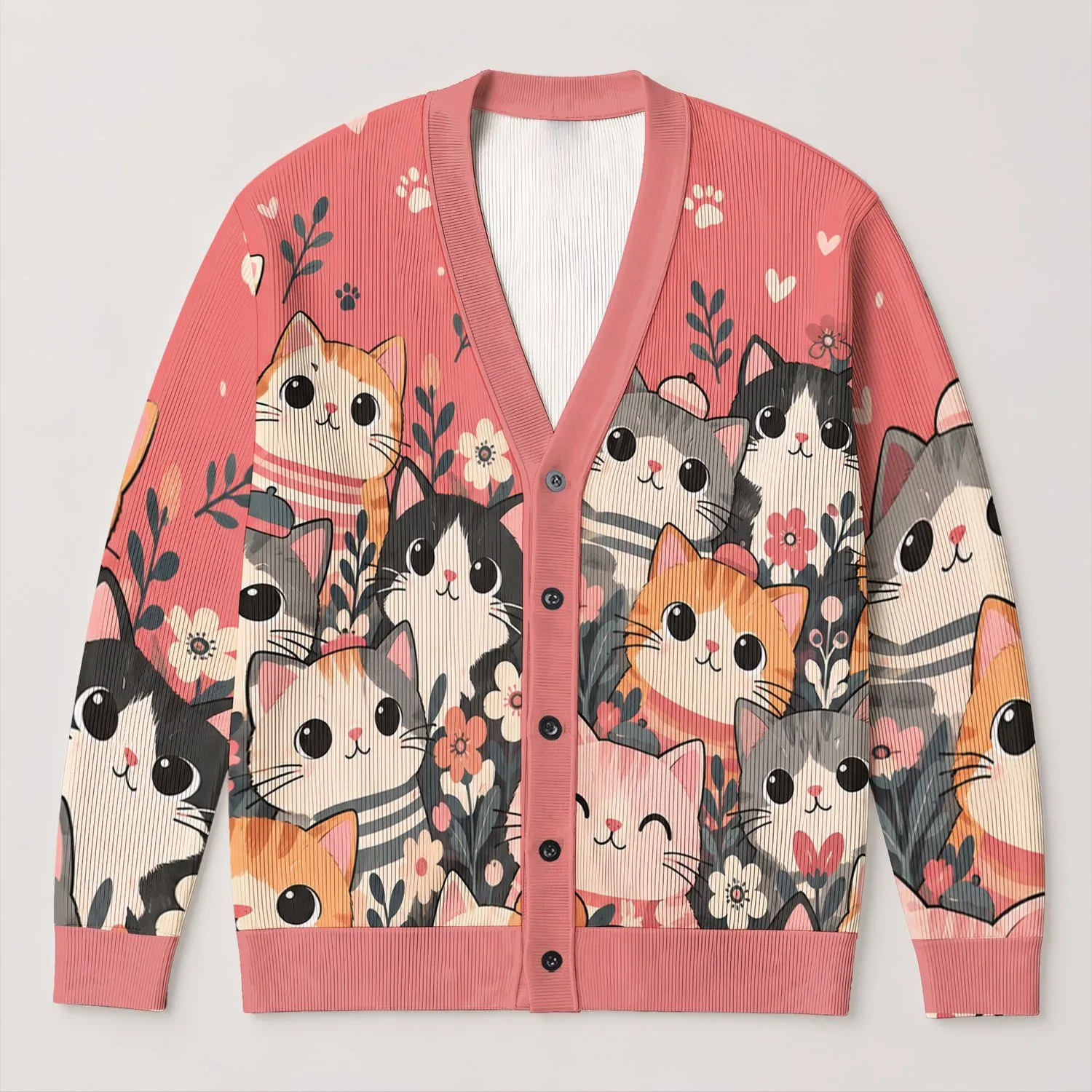 Playful Cat Faces For Cozy Spring And Fall Layering, Women's Everyday Casual Style All-over Print Knitted Cardigan - 1