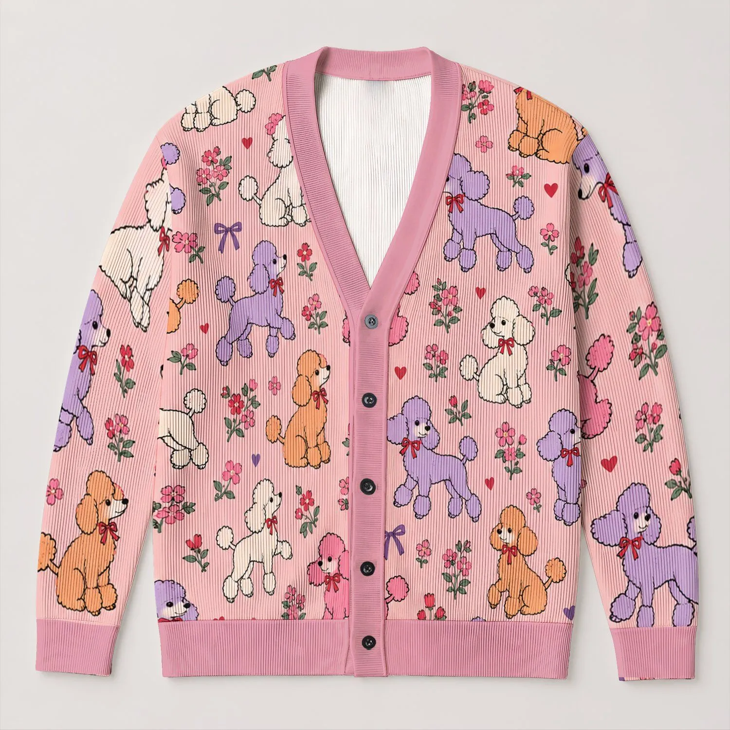 Colorful Poodle Motifs For Cheerful Autumn Layering And Women's Cozy Everyday Style All-over Print Knitted Cardigan - 1