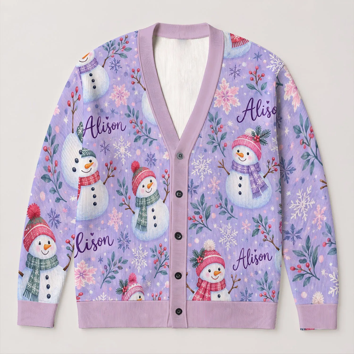 Cute Snowmen And Snowflakes For Cozy Winter Days In Soft Lavender Holiday Style Aesthetic All-over Print Knitted Cardigan - 1