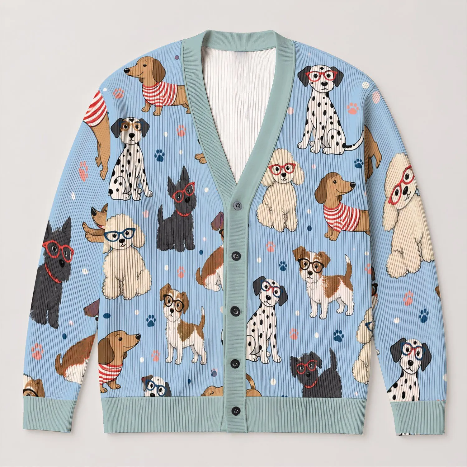Whimsical Spectacled Dogs for Relaxed Weekend Outfits, Playful Pet Lover Everyday Style All-over Print Knitted Cardigan - 1
