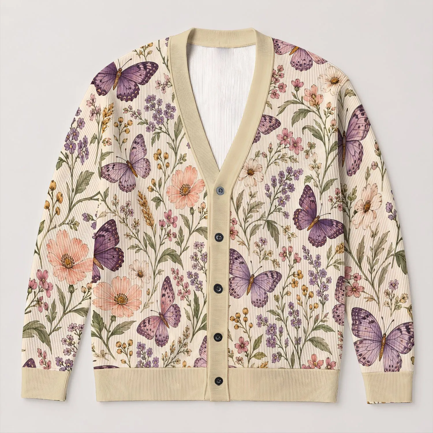 Purple Butterfly And Wildflower Motifs For Romantic Everyday Layering In Spring, Women All-over Print Knitted Cardigan - 1