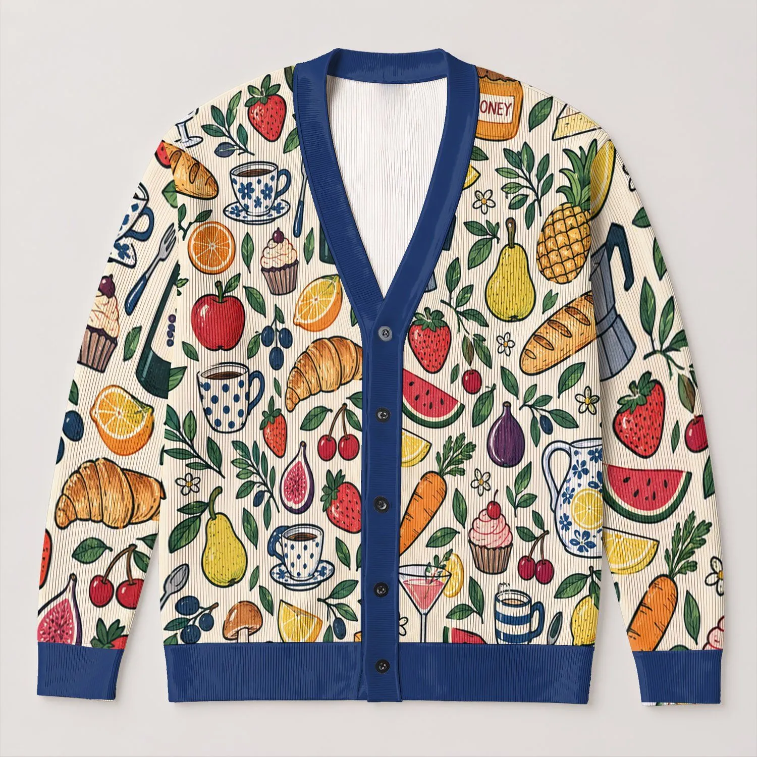 Colorful Food And Drink Doodle Motifs For Casual Everyday Layering And Brunch Style All-over Print Knitted Cardigan - 1