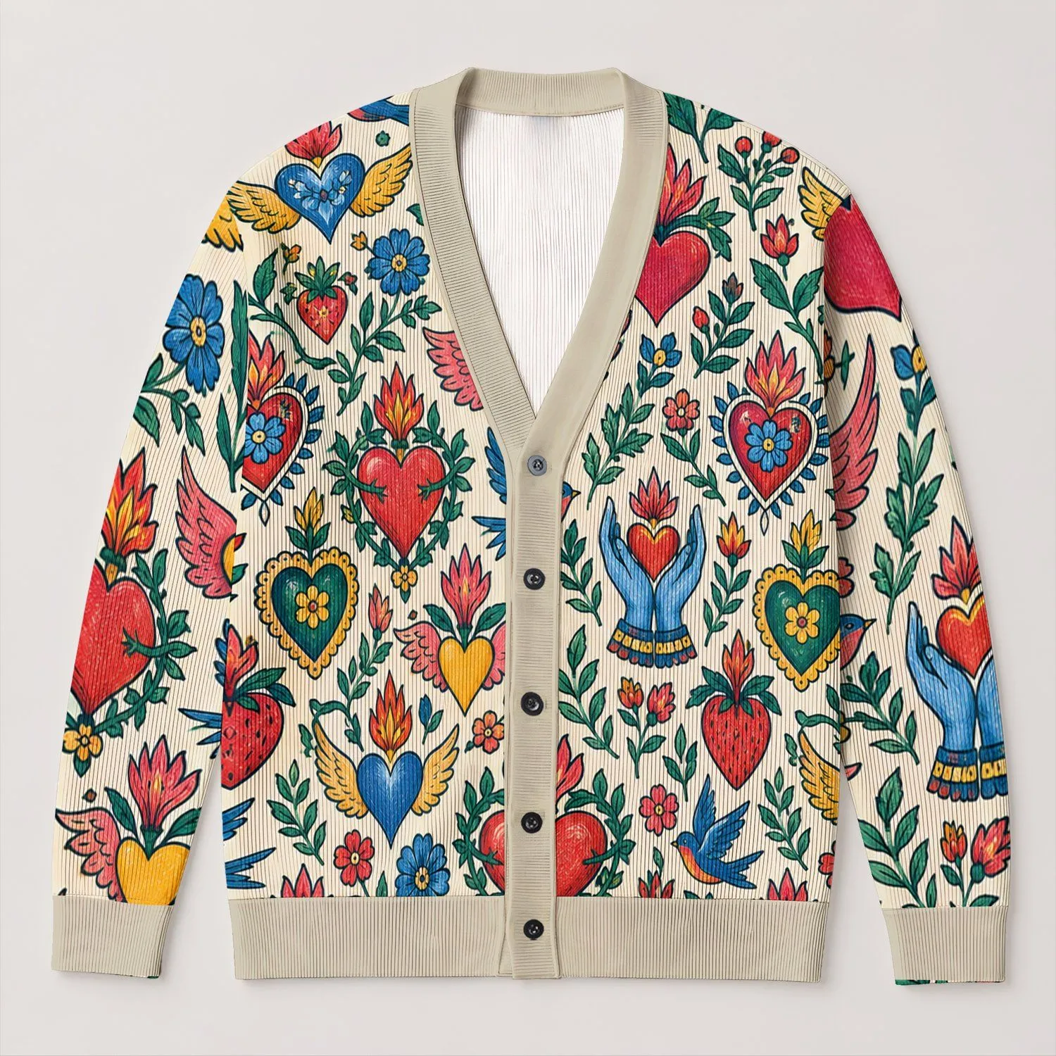 Sacred Heart Folk Motifs With Winged Hearts For Casual Layering And Weekend Style All-over Print Knitted Cardigan - 1