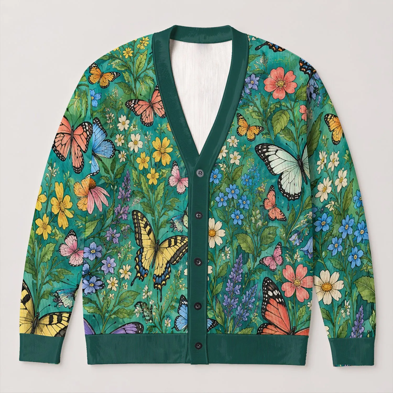 Emerald Butterfly Garden for Spring Layering and Casual Weekend Style for Women All-over Print Knitted Cardigan - 1