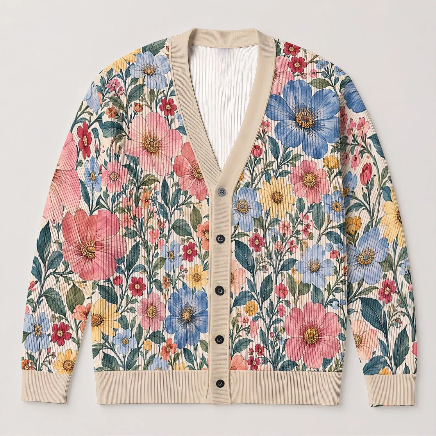 Pastel Blue Pink Floral Blooms for Easy Everyday Layering and Weekend Wear for Her All-over Print Knitted Cardigan - 1