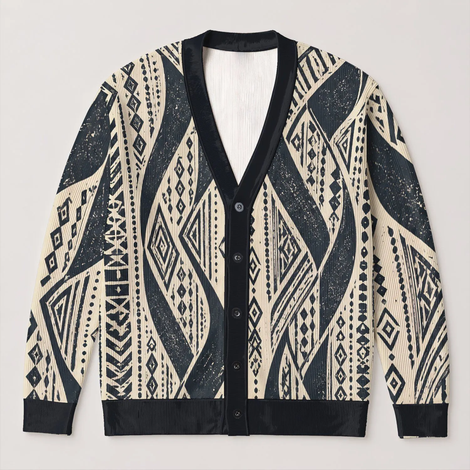 Ivory Navy Interlaced Geometry for Casual Layering and Everyday Women's Wardrobe Appeal All-over Print Knitted Cardigan - 1