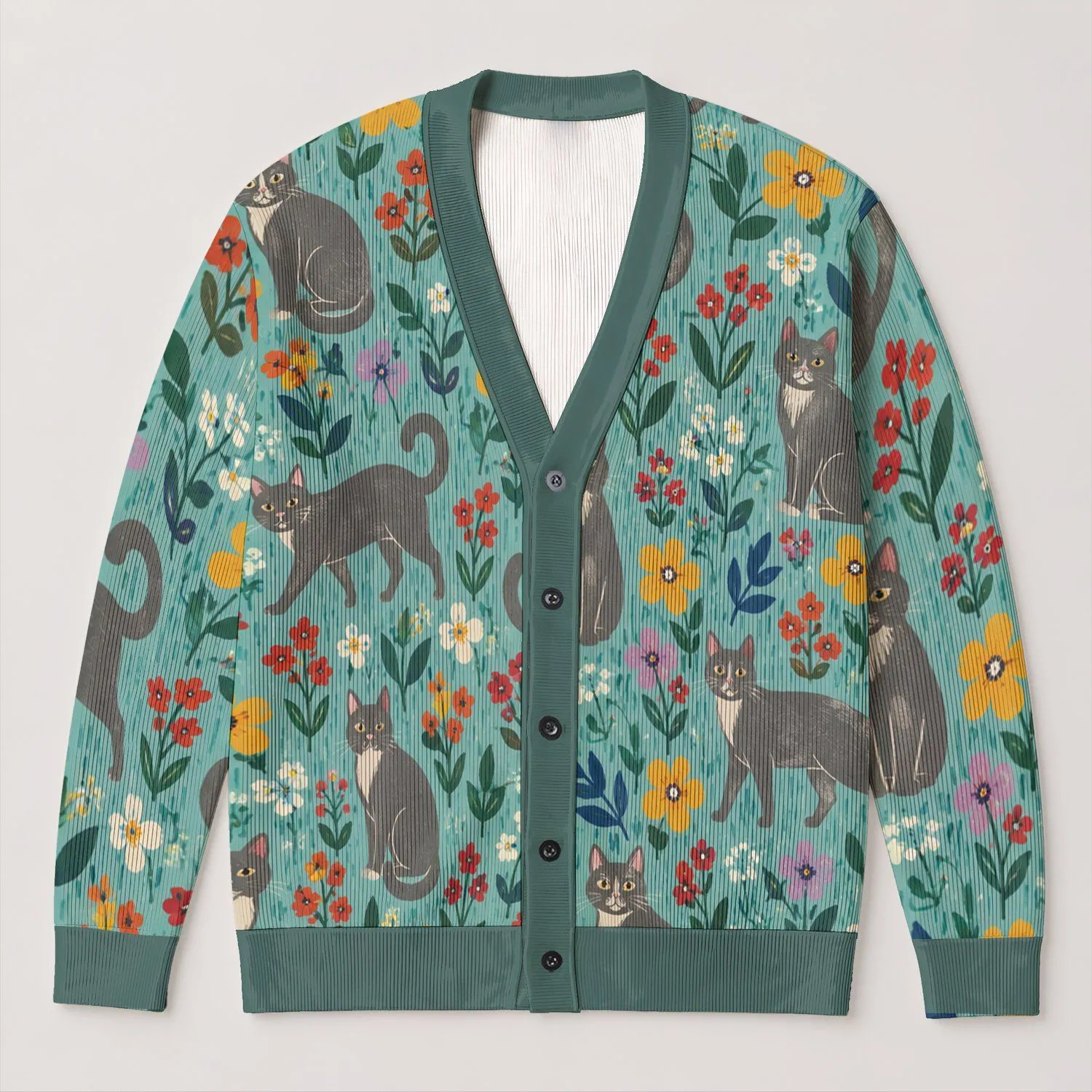 Gray Cat Floral Garden Motifs for Casual Spring Layering and Everyday Weekend Style All-over Print Knitted Cardigan - 1