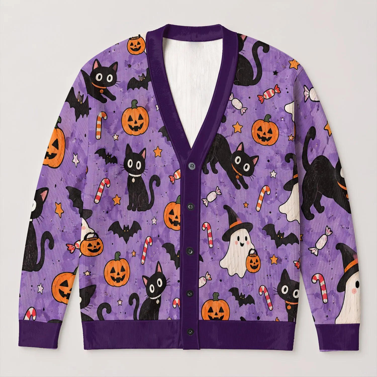 Cute Halloween Cats, Ghosts and Pumpkins for Cozy Autumn Layering and Festive Parties All-over Print Knitted Cardigan - 1