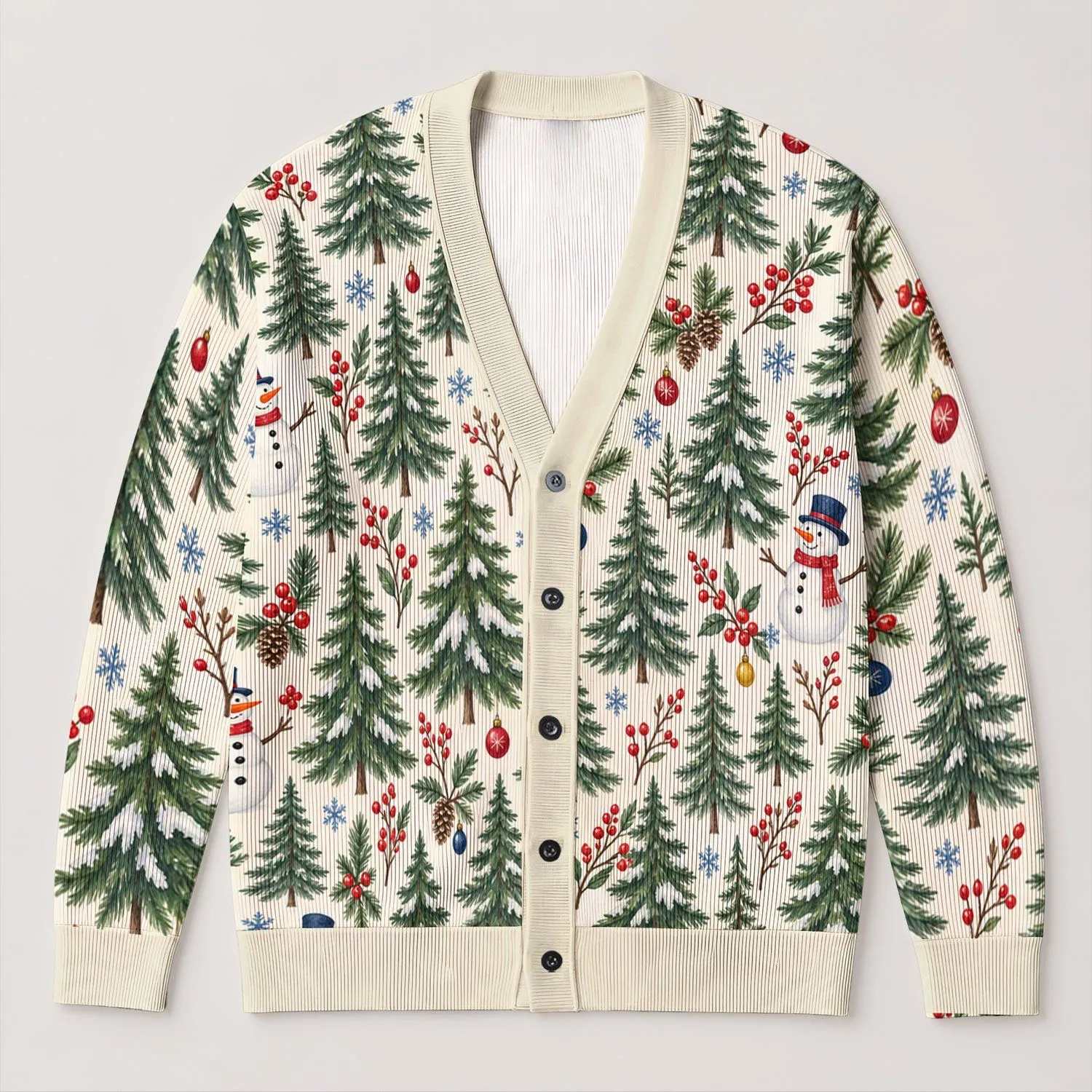 Evergreen Trees And Snowmen For Cozy Holiday Layering And Winter Weekend Style Wear All-over Print Knitted Cardigan - 1