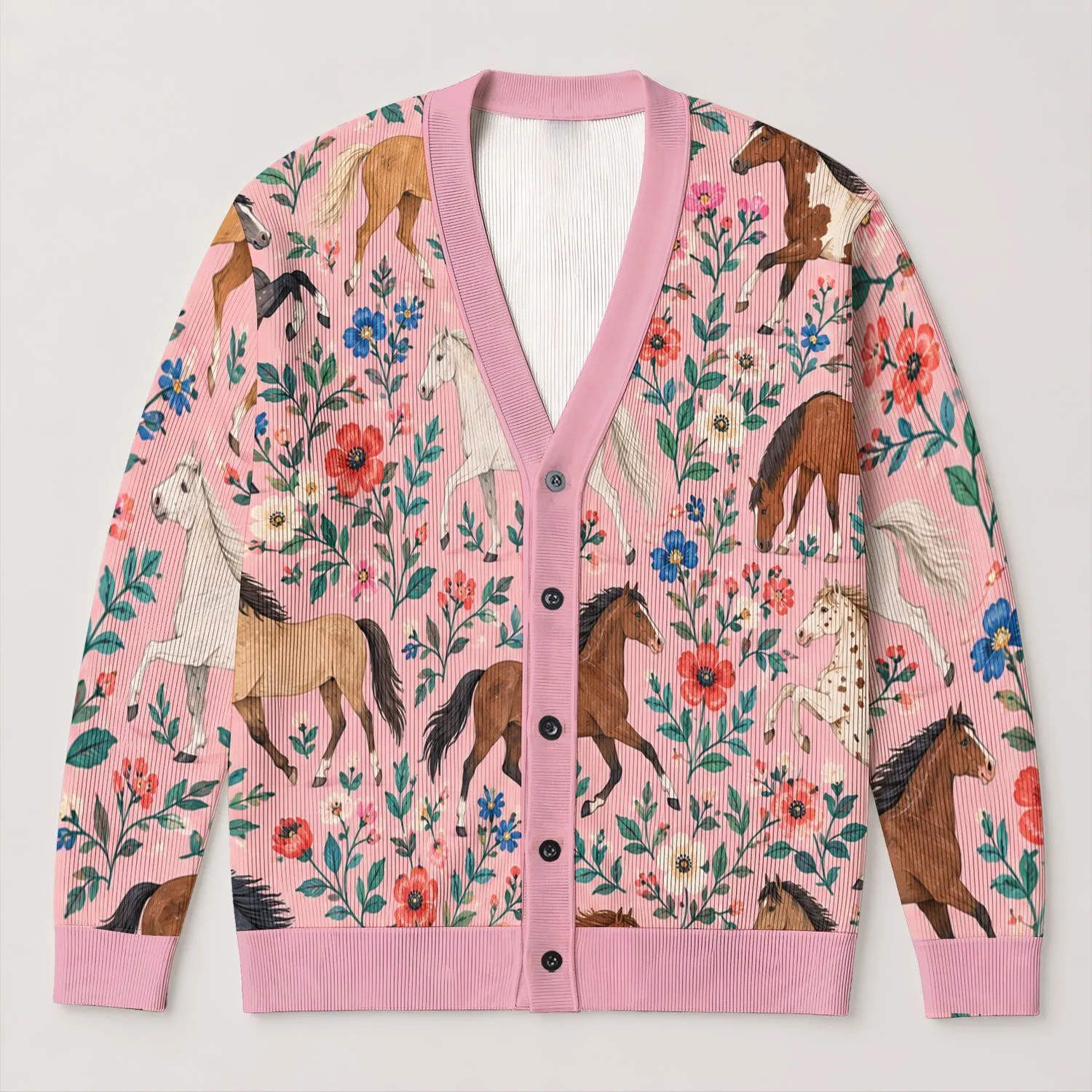 Pastoral Horse And Wildflower Motifs For Bohemian Weekend Layers And Country Getaways All-over Print Knitted Cardigan - 1