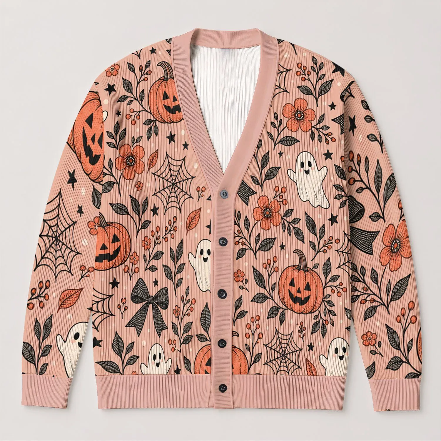 Whimsical Halloween Pumpkins, Ghosts and Florals for Cozy Autumn Layering Women's Style All-over Print Knitted Cardigan - 1