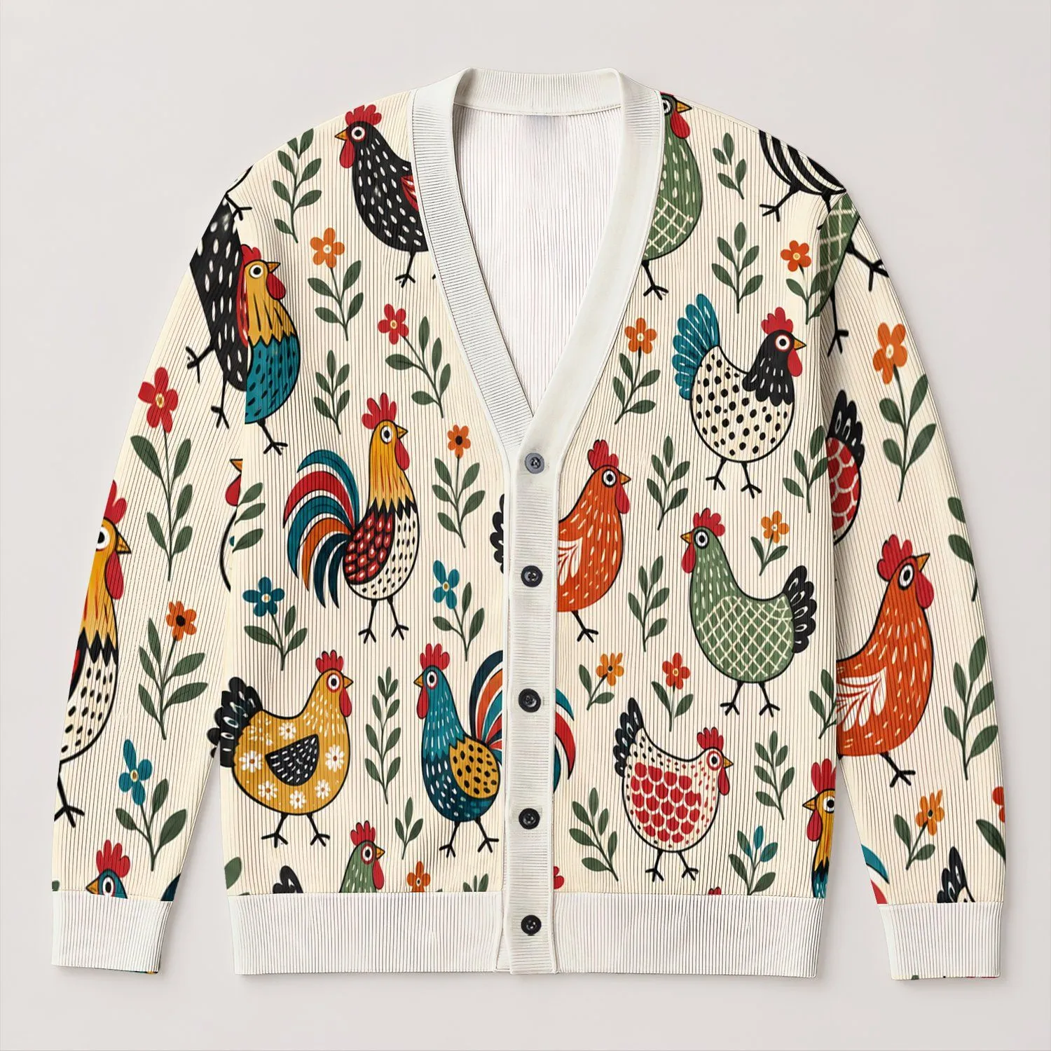 Playful Rooster Farmyard Motif for Casual Art Exhibitions and Everyday Women’s Style All-over Print Knitted Cardigan - 1