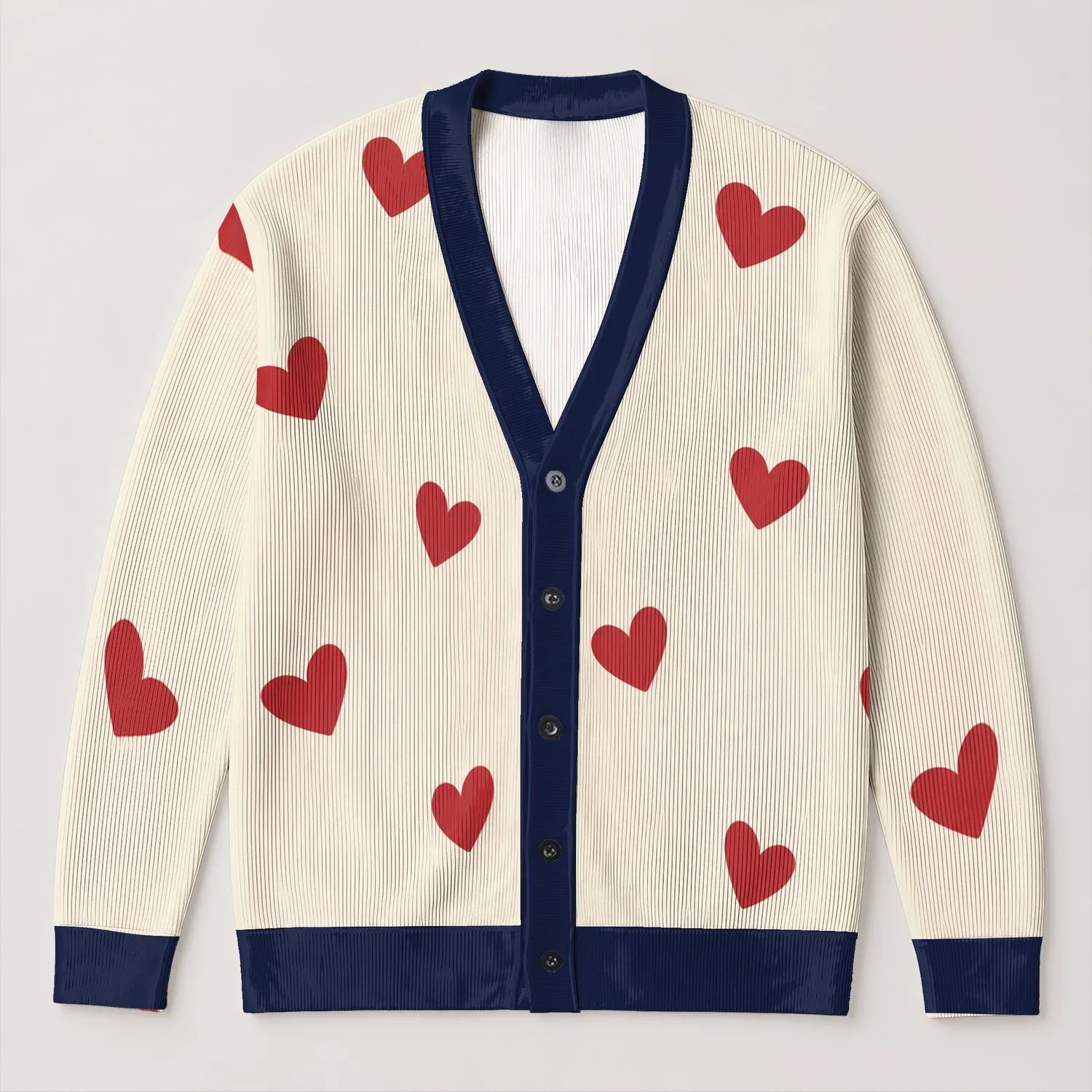 Red Heart Motifs On Cream Ground For Romantic Spring Layering, Campus Days, And Travel All-over Print Knitted Cardigan - 1