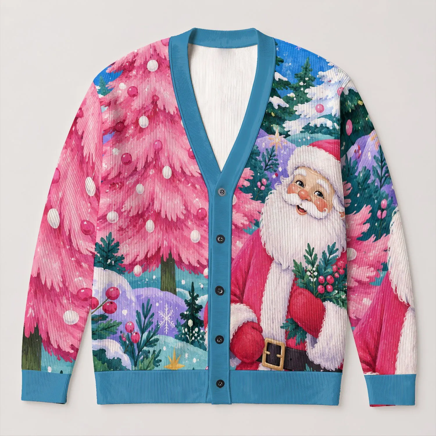 Santa Claus Christmas Trees for Festive Winter Gatherings and Women’s Holiday Style All-over Print Knitted Cardigan - 1