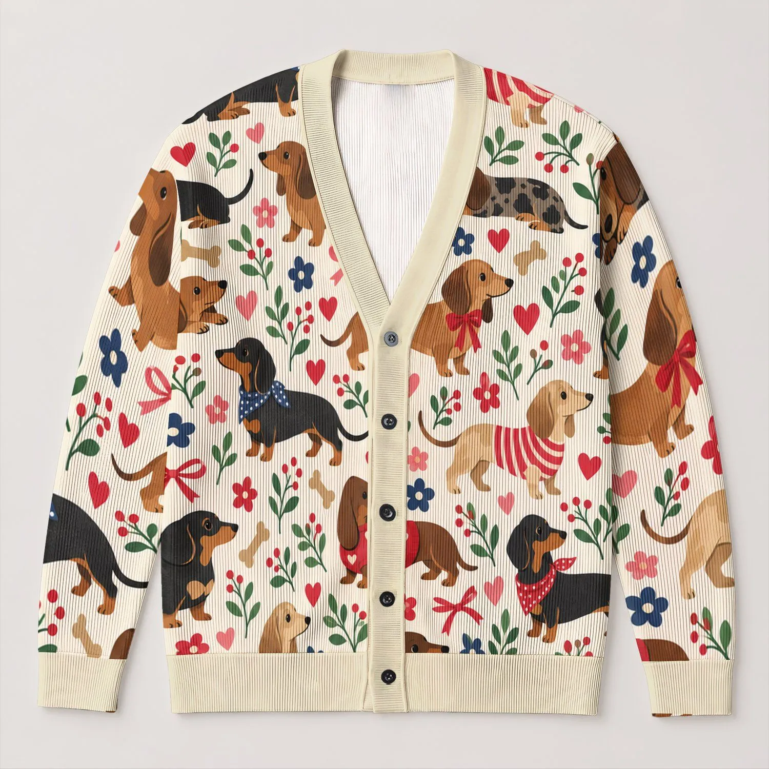 Dachshund Hearts and Florals for Cozy Everyday Layering, Thoughtful Pet Lover Gift All-over Print Knitted Cardigan - 1