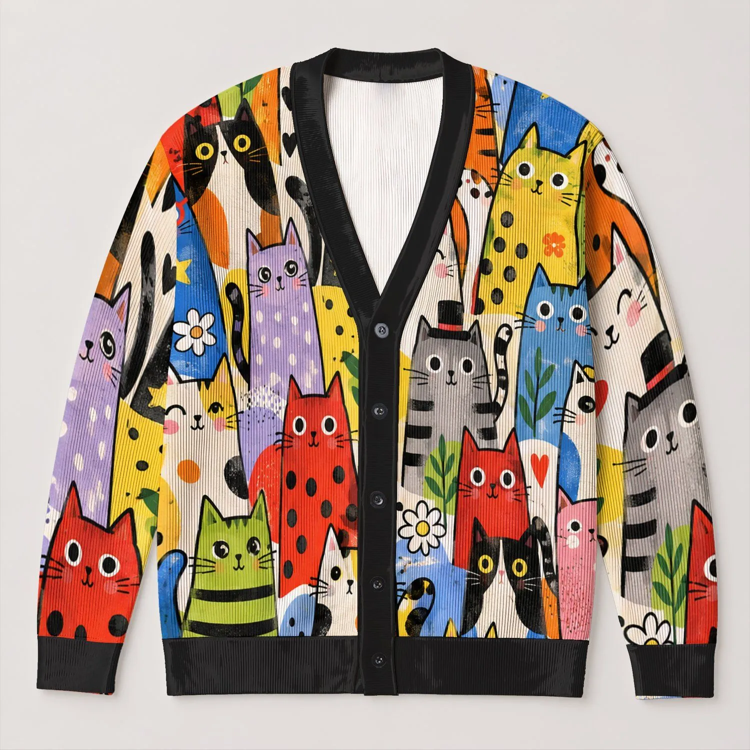 Colorful Cartoon Cat Party for Casual Everyday Layering and Pet Lover Gifts for Women All-over Print Knitted Cardigan - 1