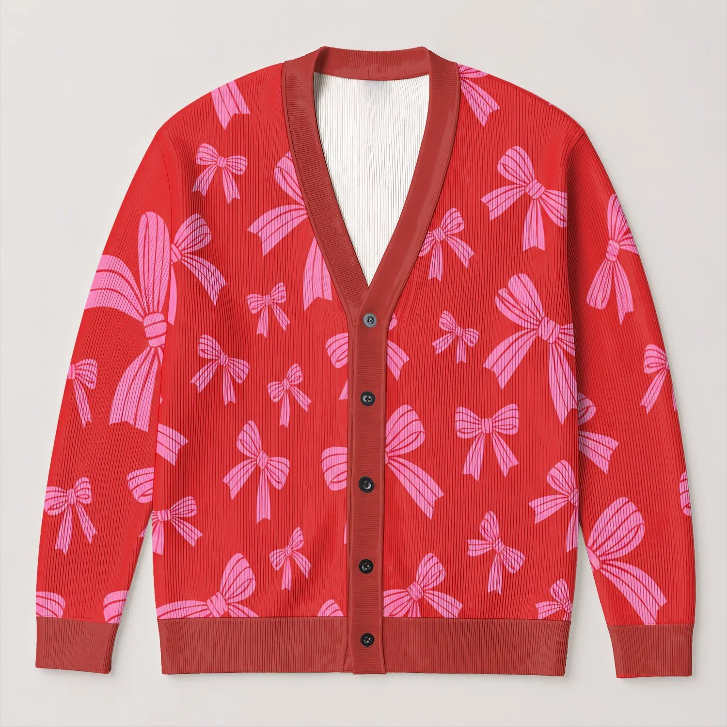 Pink Bow Motif for Valentine’s Day Parties and Romantic Everyday Layering Style for Women All-over Print Knitted Cardigan - 1