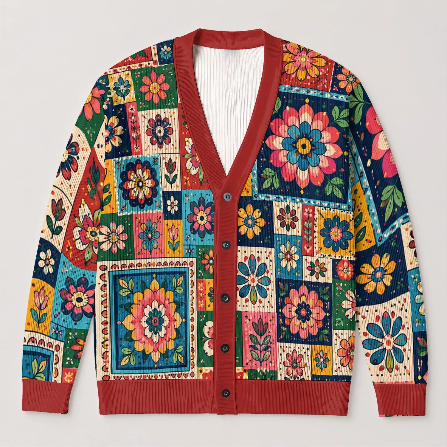 Colorful Bohemian Floral Squares For Fall Layering And Relaxed Everyday Style Wear All-over Print Knitted Cardigan - 1