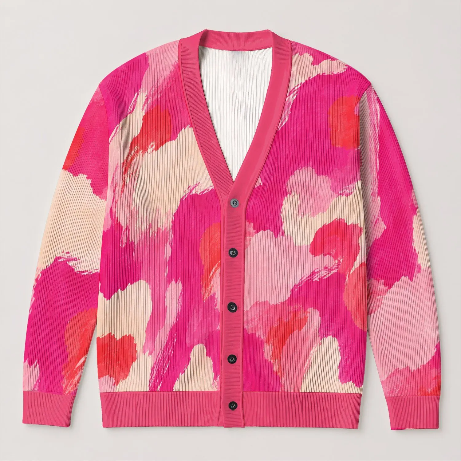 Pink Cream Abstract Cloud Style for Cozy Fall Layering, Youthful Women's Wardrobe All-over Print Knitted Cardigan - 1