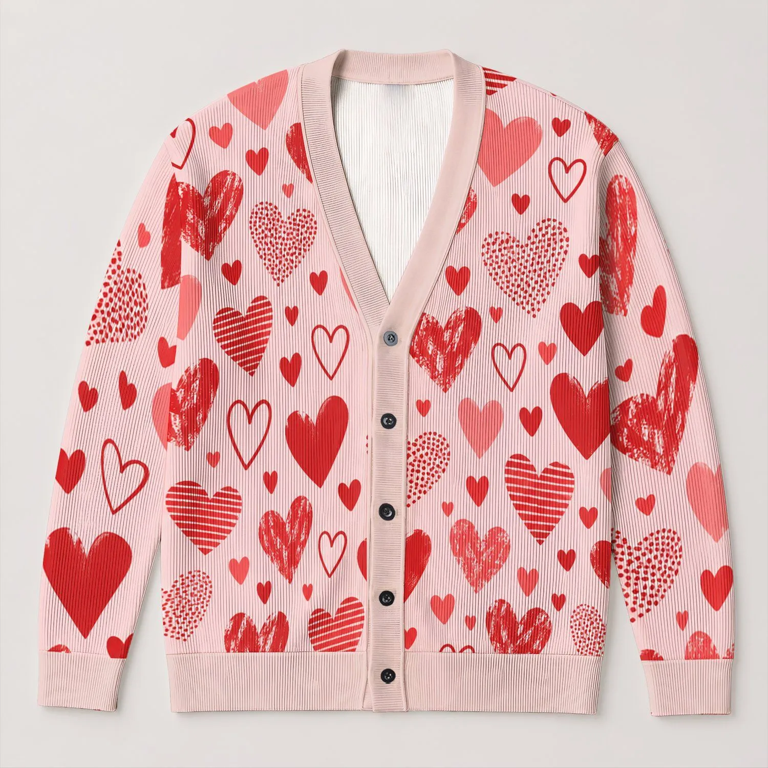 Red and Pink Heart Motifs for Valentine Dates and Sweet Everyday Fashion for Women All-over Print Knitted Cardigan - 1