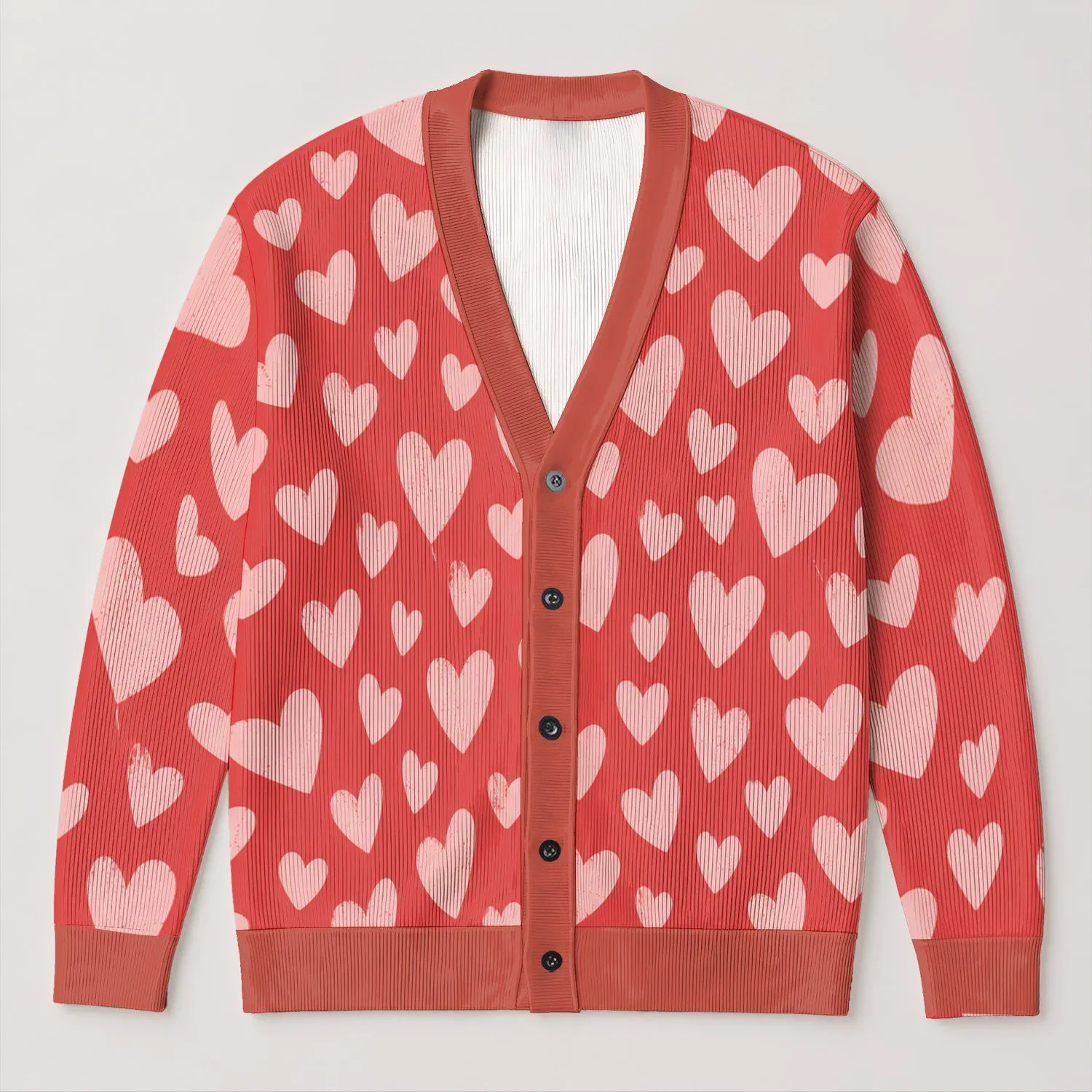Pink Heart Motif for Romantic Layering, Valentine Celebrations, and Women’s Casual Style All-over Print Knitted Cardigan - 1