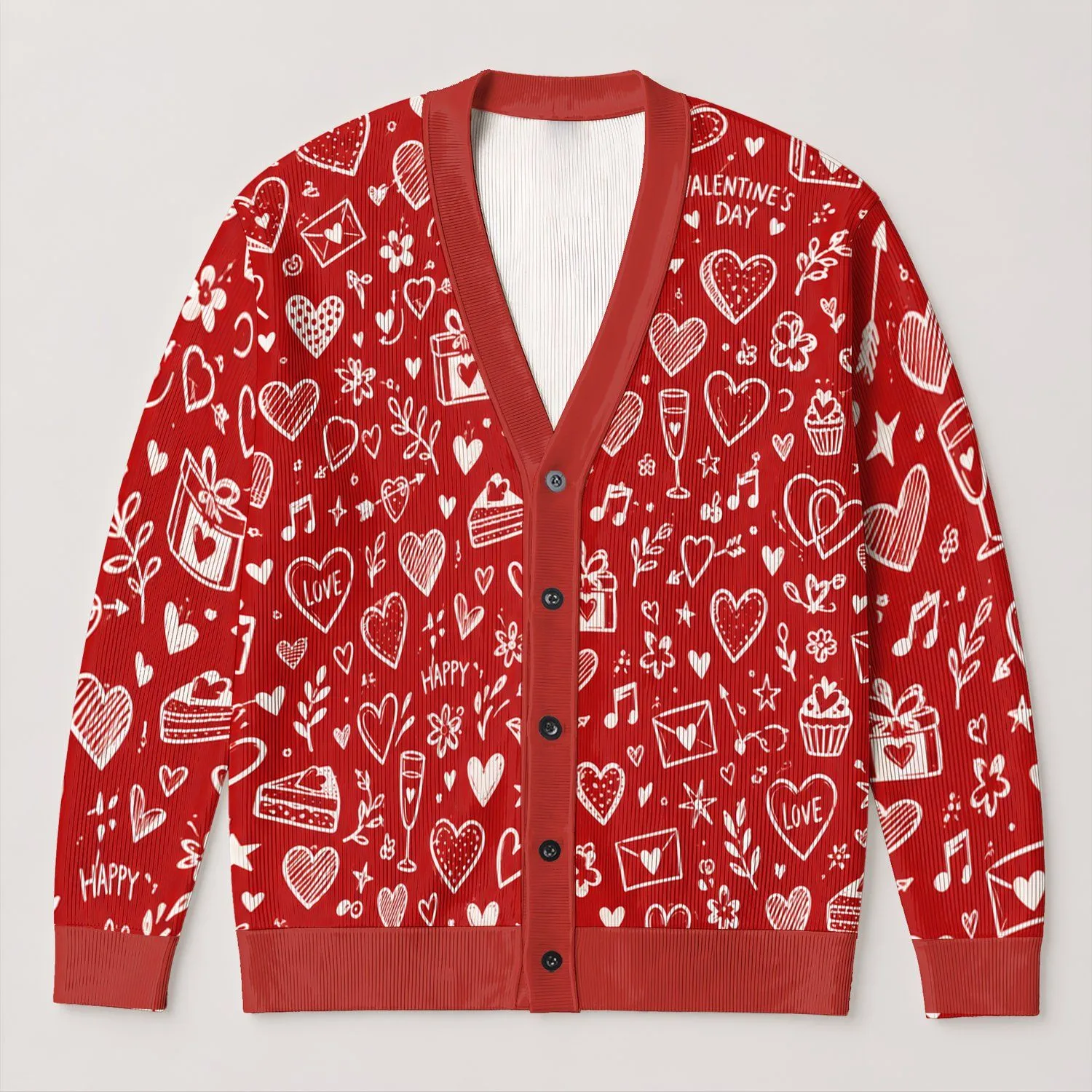 Red Heart Doodles and Love Letter Motifs for Valentine’s Day Date Nights and Gifting All-over Print Knitted Cardigan - 1