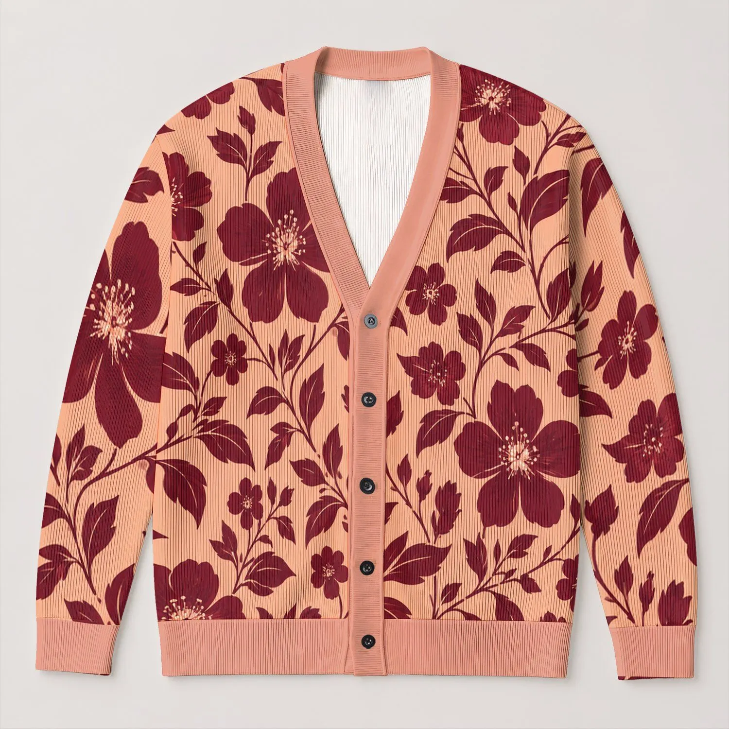 Burgundy Botanical Blooms for Autumn Office Style and Everyday Women's Layering Wear All-over Print Knitted Cardigan - 1