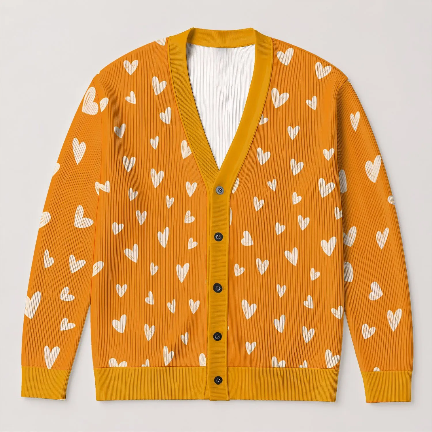White Heart Motif Orange Autumn Layering Style for Valentine's Day and Everyday Wear All-over Print Knitted Cardigan - 1
