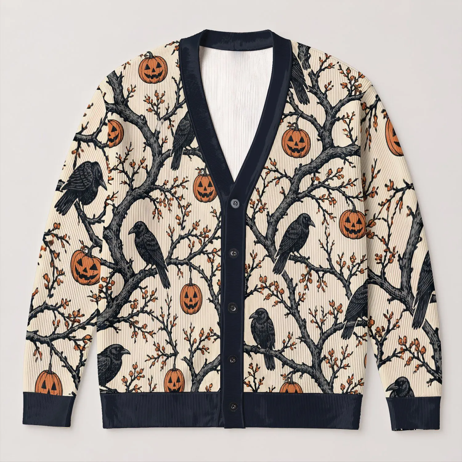 Ravens and Jack-O'-Lantern Branches for Moody Autumn Halloween Layering for Women All-over Print Knitted Cardigan - 1